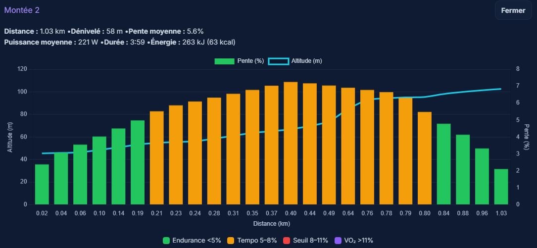 Analyse du profil de montée avec pente moyenne, puissance moyenne et courbe d’altitude pour cyclistes