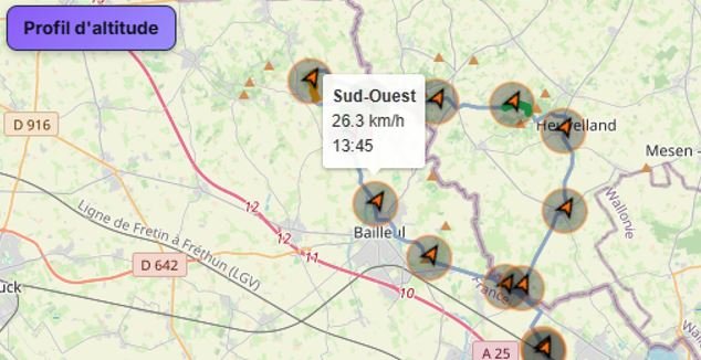 Visualisation du vent sur le parcours cycliste avec direction et intensité en temps réel