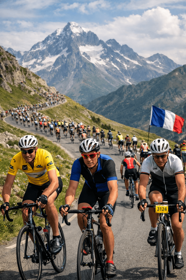 Cyclistes participant à une cyclosportive de plus de 150 km en montagne en France avec ascension de col et peloton