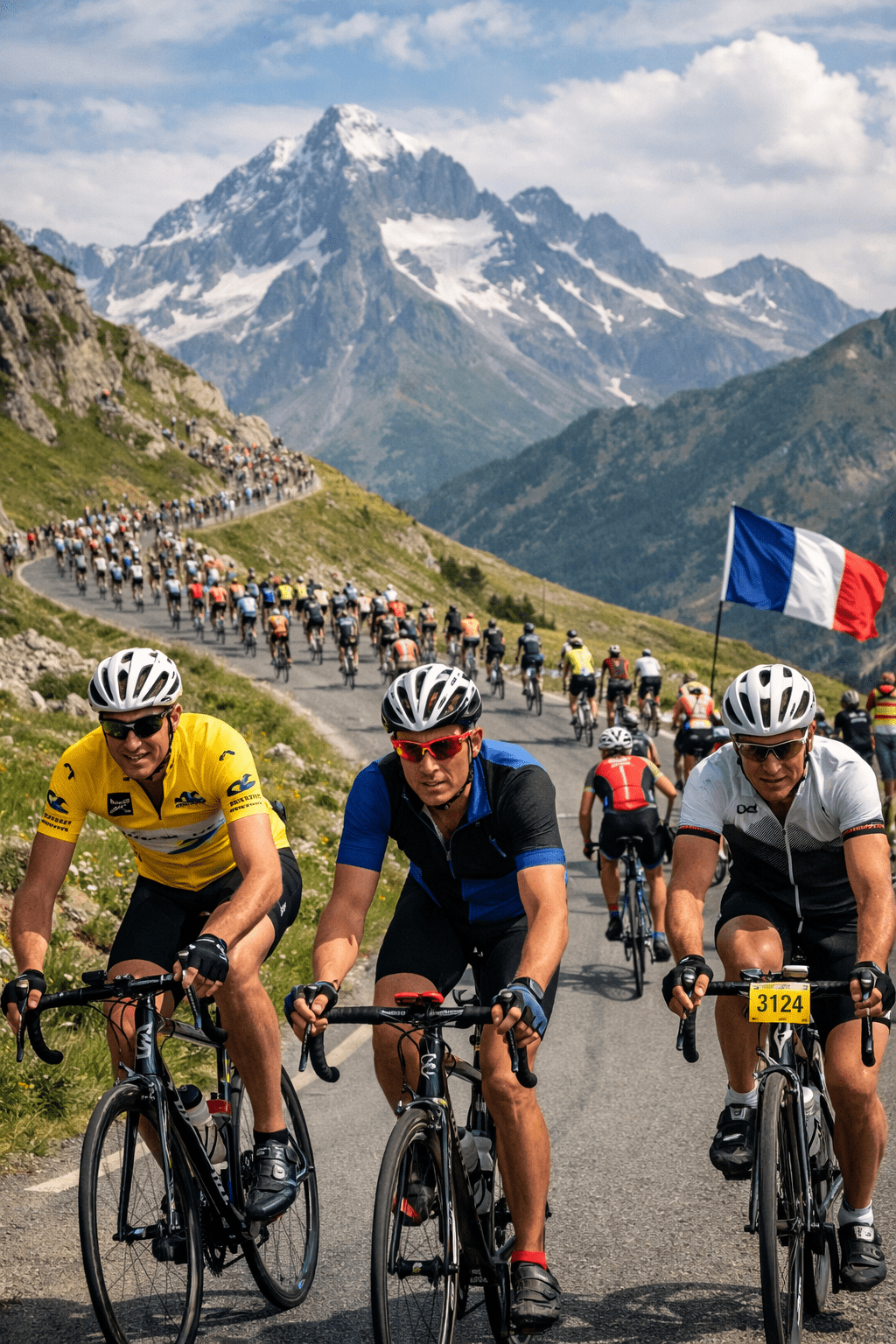 Cyclistes participant à une cyclosportive de plus de 150 km en montagne en France avec ascension de col et peloton
