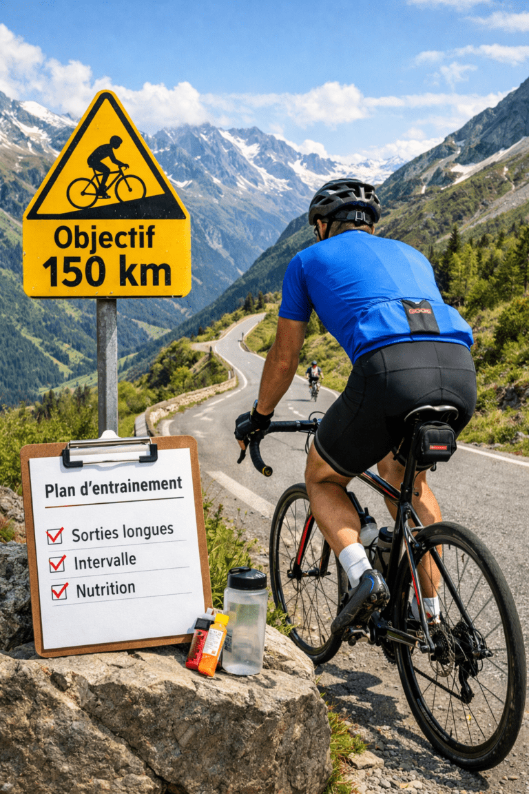 Cycliste en entraînement pour une cyclosportive de 150 km en montagne avec plan d’entraînement et objectif longue distance