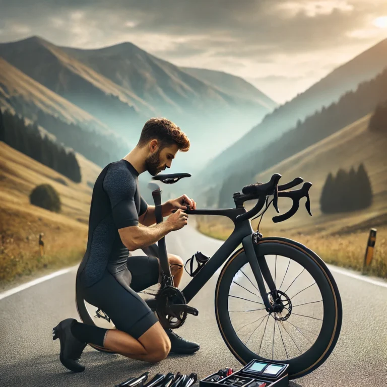 cycliste réglant la hauteur de selle de son vélo de route pour trouver la position idéale et améliorer le confort et la performance