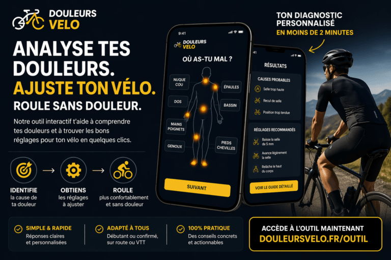 Analyse tes douleurs à vélo et trouve les bons réglages en quelques clics avec notre outil interactif. Simple, rapide et efficace.