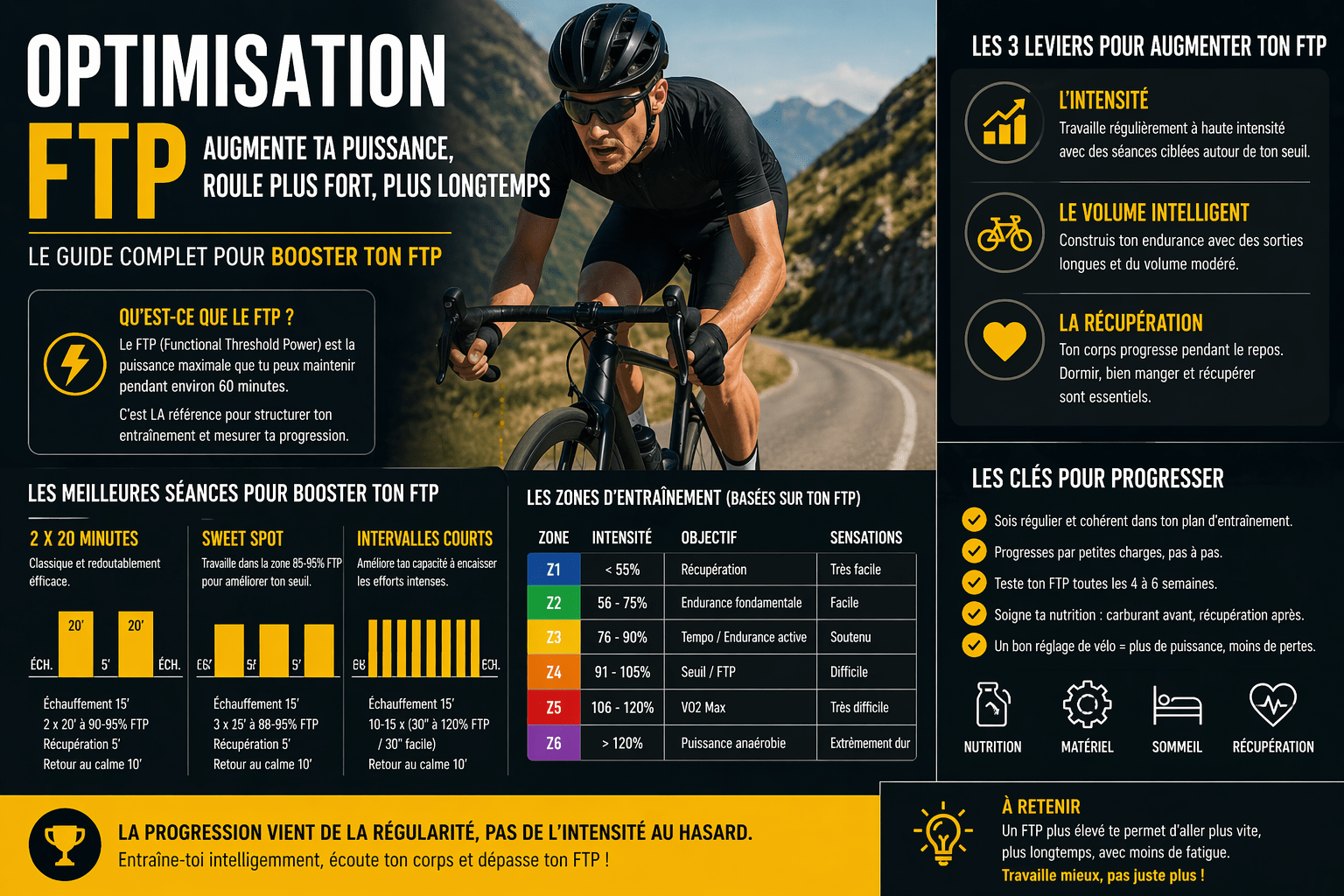 Augmente ton FTP efficacement grâce à ce guide complet. Entraînement, nutrition, erreurs à éviter : optimise ta puissance à vélo dès maintenant.