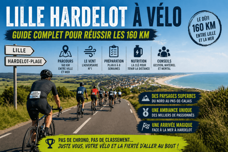 Cyclistes sur la Lille Hardelot roulant vers Hardelot-Plage avec vue mer et infographie du parcours vélo 160 km