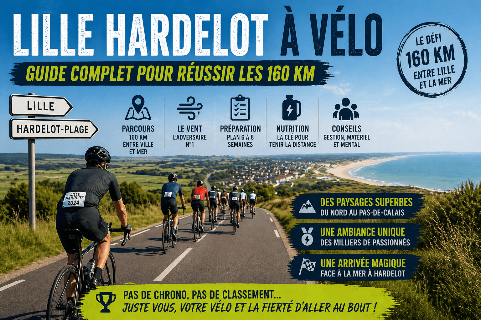 Cyclistes sur la Lille Hardelot roulant vers Hardelot-Plage avec vue mer et infographie du parcours vélo 160 km