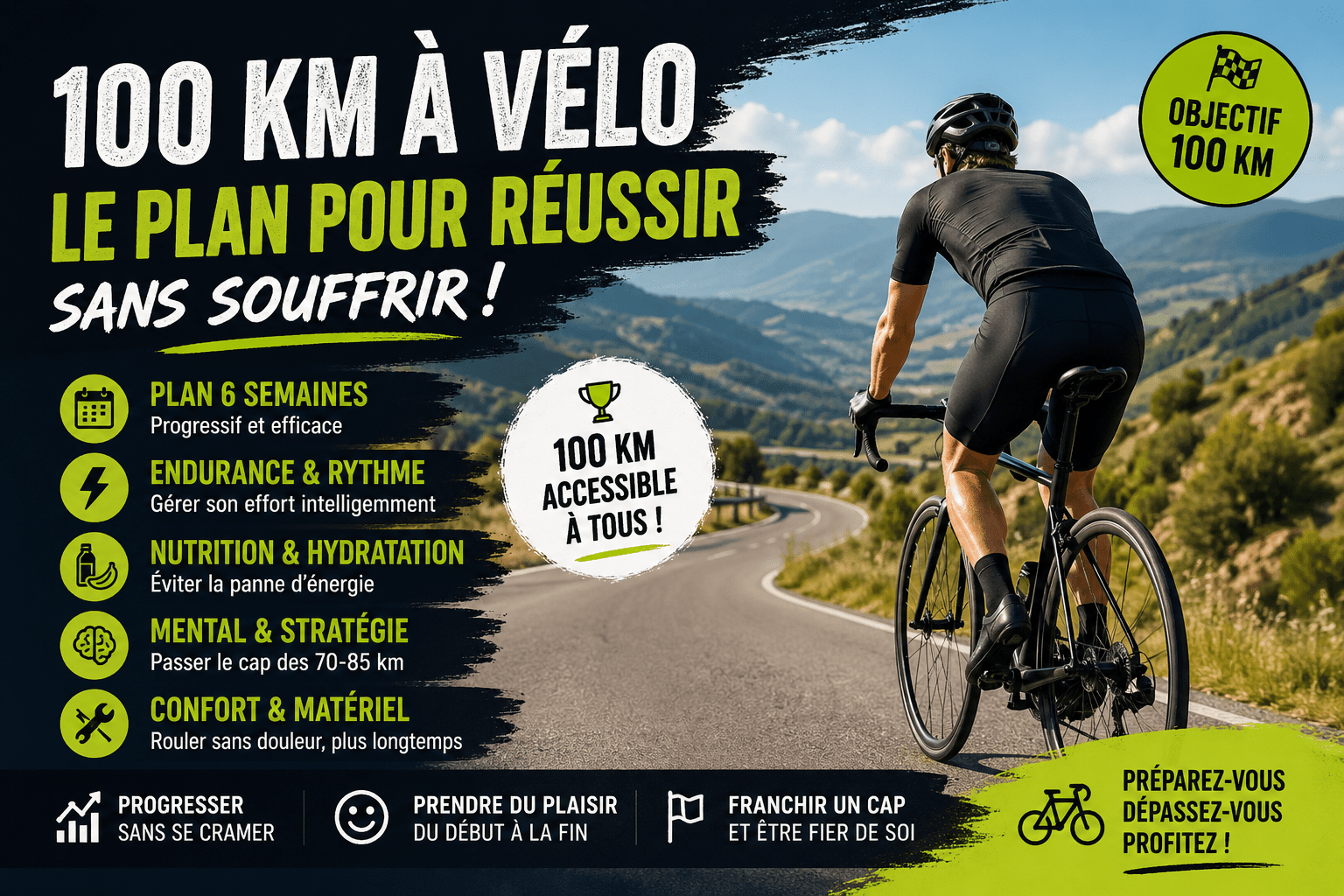 Plan d’entraînement vélo 100 km avec cycliste sur route de montagne et conseils endurance nutrition et stratégie pour réussir 100 km à vélo