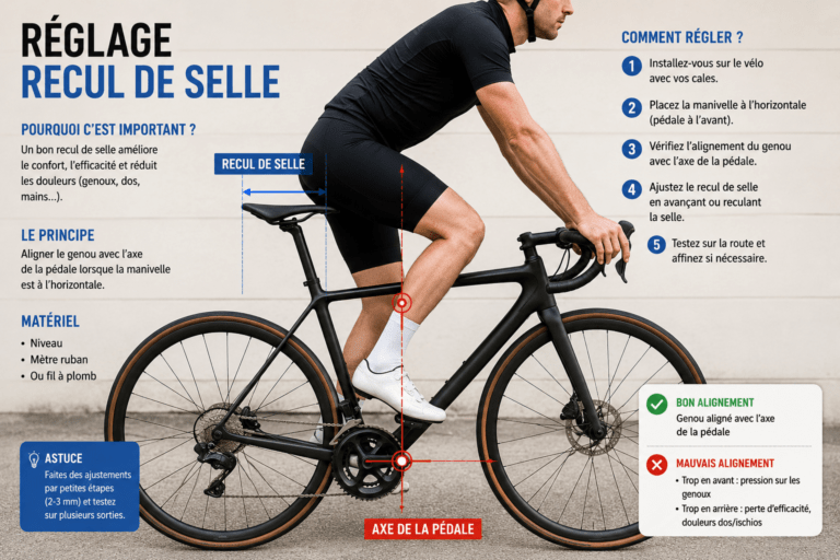Cycliste réglant le recul de selle de son vélo de route pour améliorer sa position et éviter les douleurs