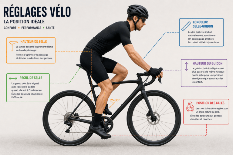 Apprends à régler ton vélo comme un pro : hauteur de selle, recul, guidon, cales… Un guide complet, simple et efficace pour améliorer ton confort, ta performance et éviter les douleurs.