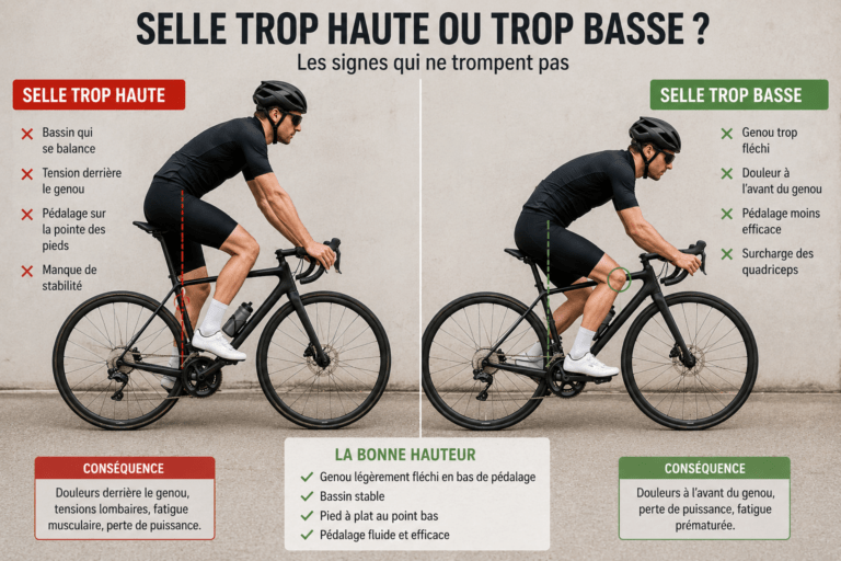 Comparaison d’une selle de vélo trop haute et trop basse avec les signes visibles d’une mauvaise hauteur de selle
