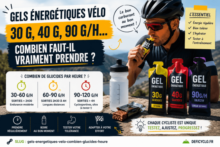 Cycliste avec gels énergétiques et bidon illustrant les apports de 30, 60 et 90 g de glucides par heure à vélo