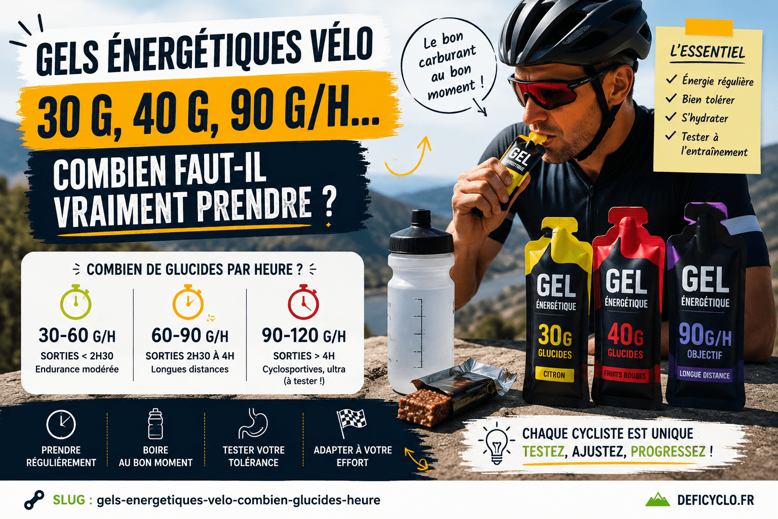 Cycliste avec gels énergétiques et bidon illustrant les apports de 30, 60 et 90 g de glucides par heure à vélo