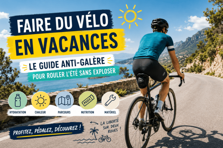 Cycliste roulant en vacances d’été sur une route ensoleillée avec bidons et paysage estival