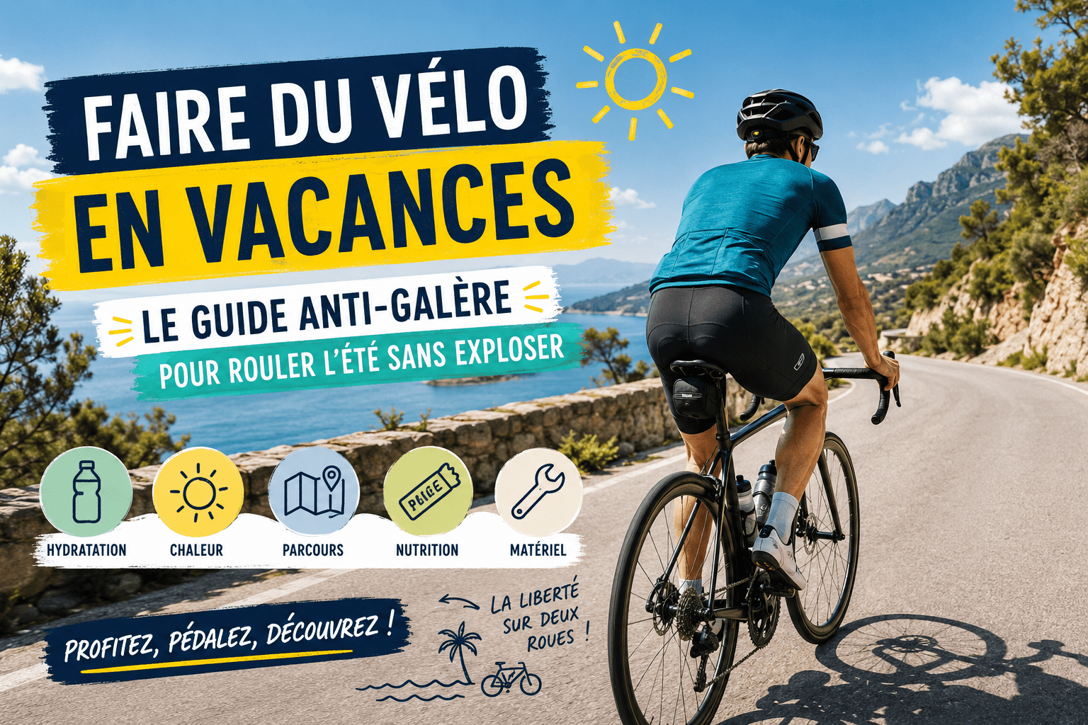 Cycliste roulant en vacances d’été sur une route ensoleillée avec bidons et paysage estival