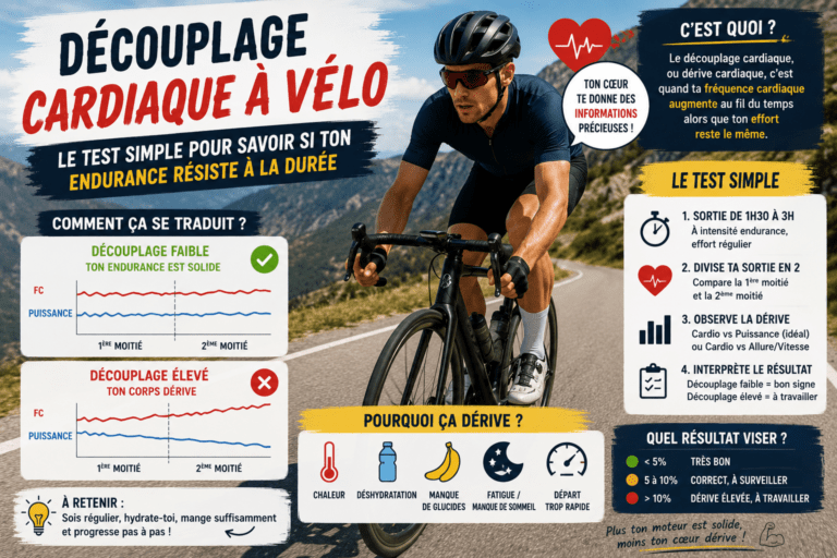 Cycliste analysant le découplage cardiaque à vélo pour mesurer son endurance sur une sortie longue