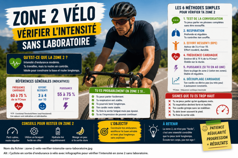 Comment savoir si tu roules vraiment en zone 2 à vélo ? Test de conversation, cardio, puissance, respiration : les repères simples sans laboratoire.