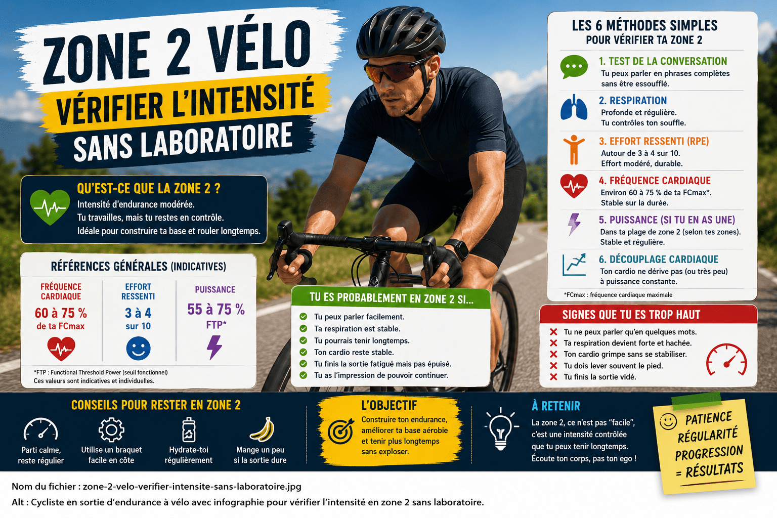 Comment savoir si tu roules vraiment en zone 2 à vélo ? Test de conversation, cardio, puissance, respiration : les repères simples sans laboratoire.